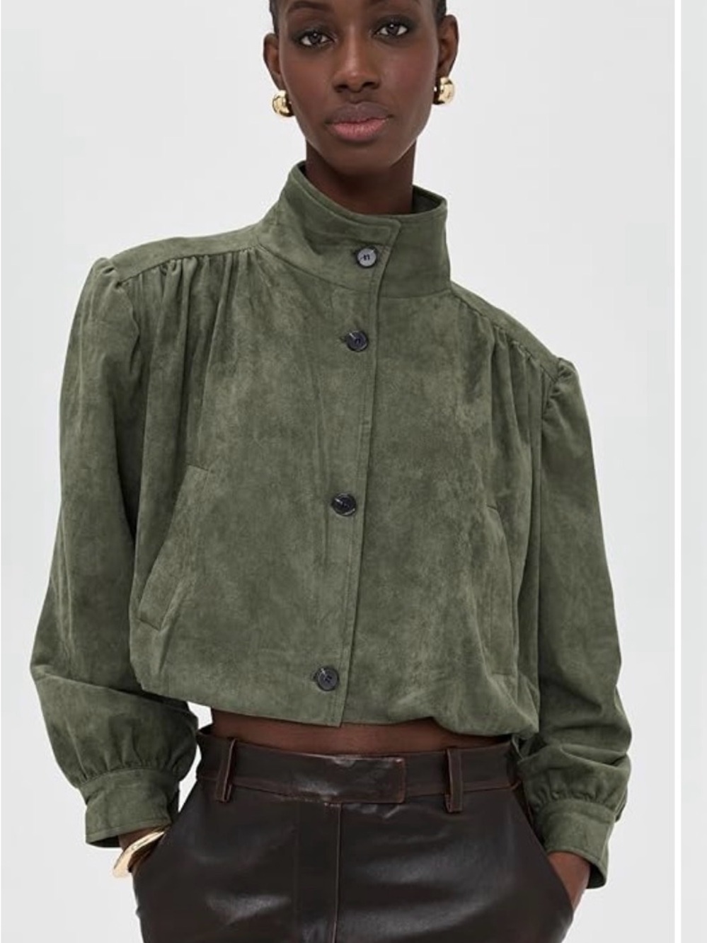 Lioness Cropped Suede Bomber Jacket in Olive Green